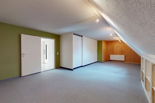 leerer raum mit niedrige decke, dachschräge, holzwand, spritzputz decke, und kühler