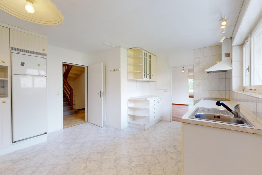 küche mit schränke mit glastüren, waschbecken, dunstabzugshaube, arbeitsplatten, und kühlschrank