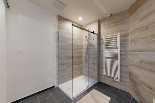 salle de bains avec dark floor, douche, chauffe-serviettes, radiateur, et salle de bain complète