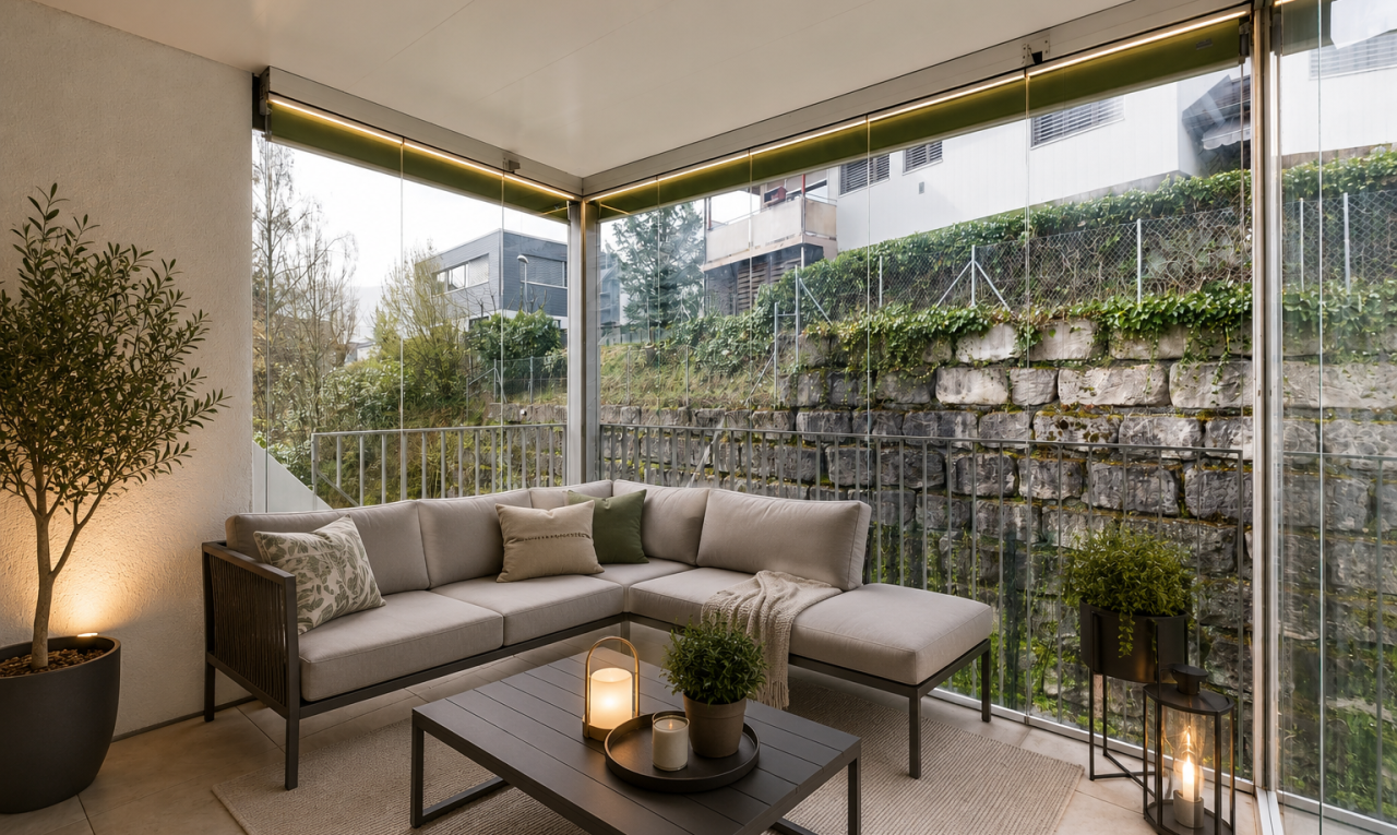 terrasse mit wintergarten, virtually staged, und from property