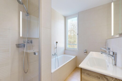 bad mit fliesenwand, tile wall, spiegel, schminktisch, und kühler