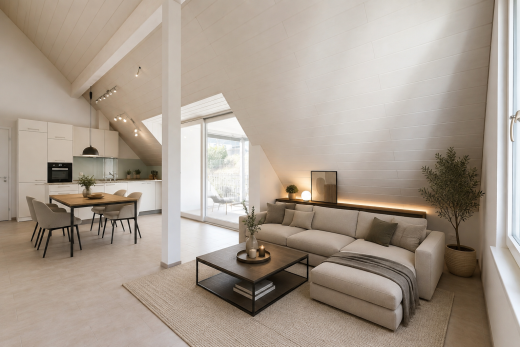 salon / salle à manger avec vaulted ceiling, plafond voûté, light floor, beamed ceiling, et plafond à poutres