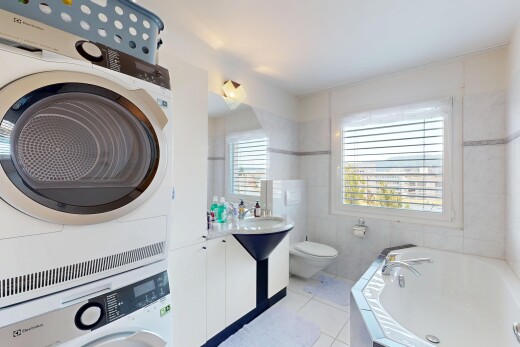 bad mit waschturm, komplettes badezimmer, toilette, bad, und natural light