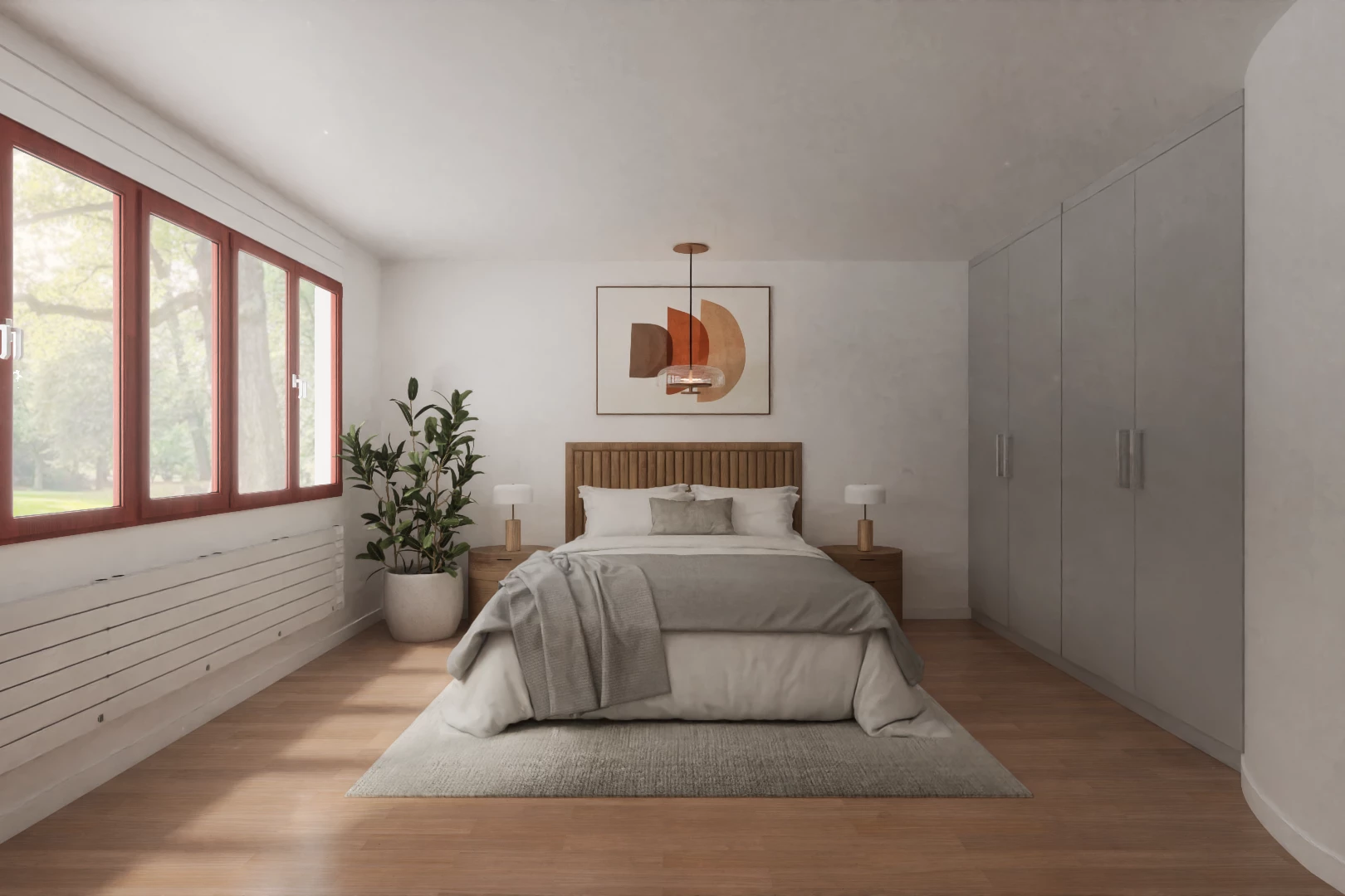 chambre avec lumière naturelle et plancher de bois