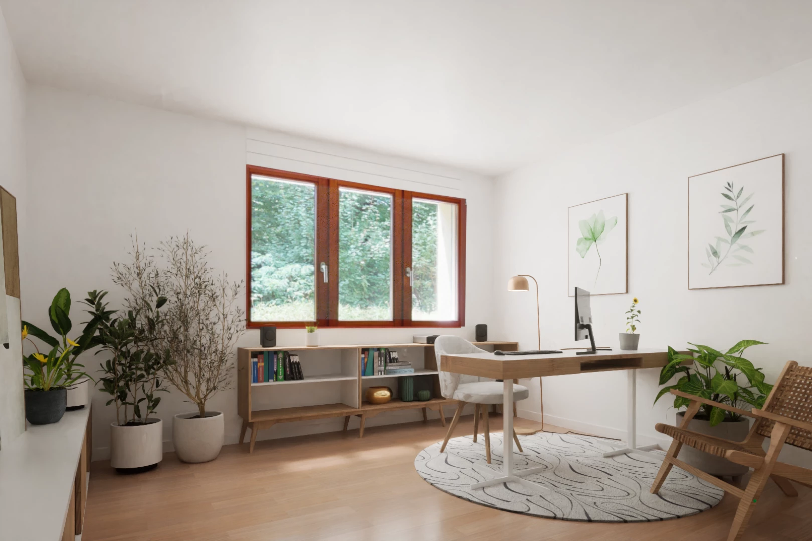 salon avec lumière naturelle et plancher de bois