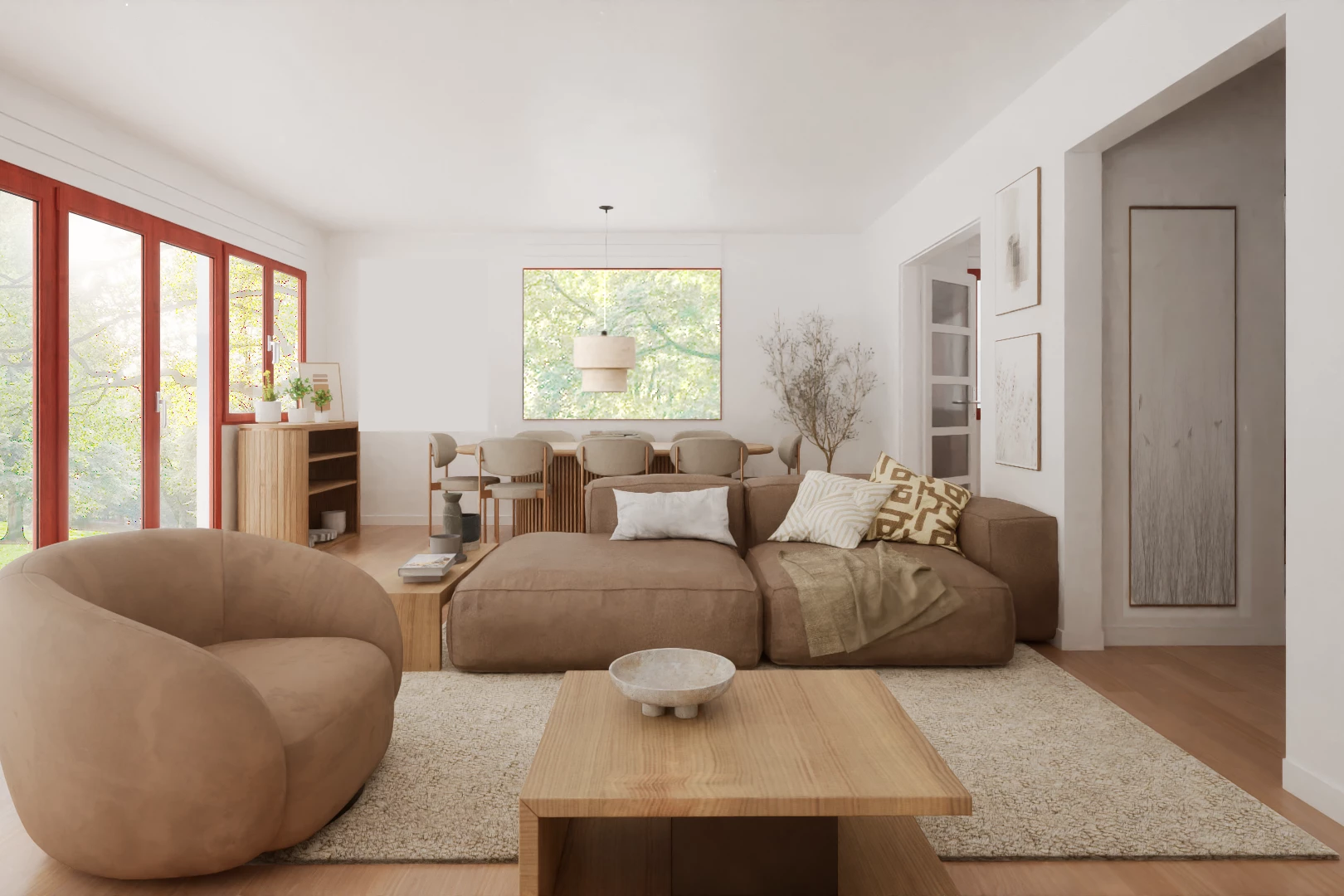 salon avec lumière naturelle et plancher de bois