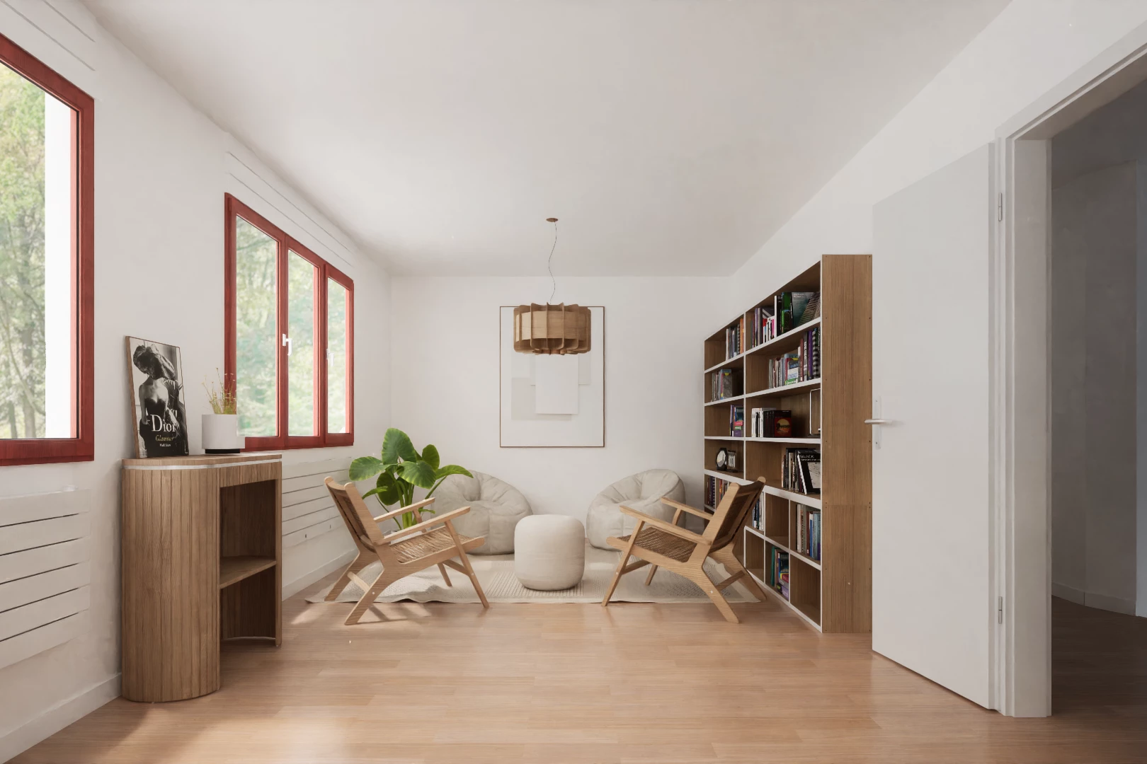 salon avec lumière naturelle et plancher de bois