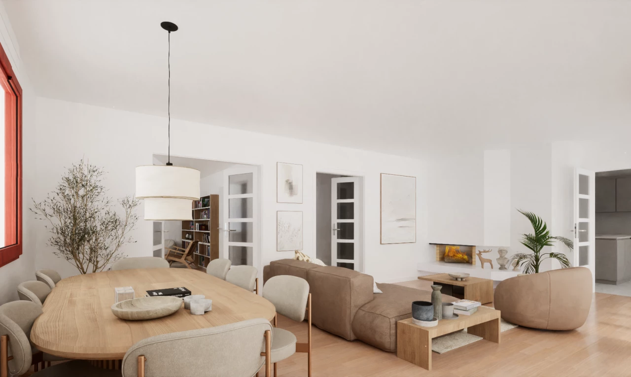 salon / salle à manger avec plancher de bois et étagère intégrée