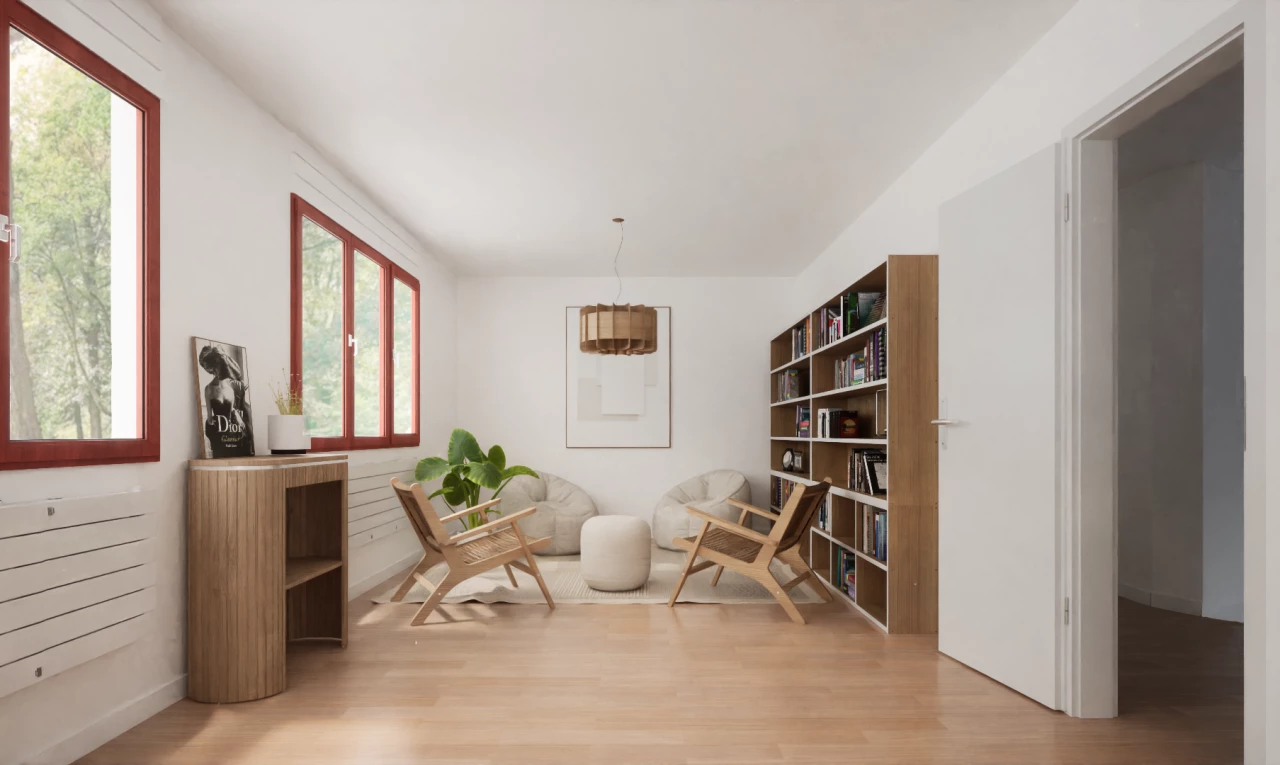 salon avec lumière naturelle et plancher de bois