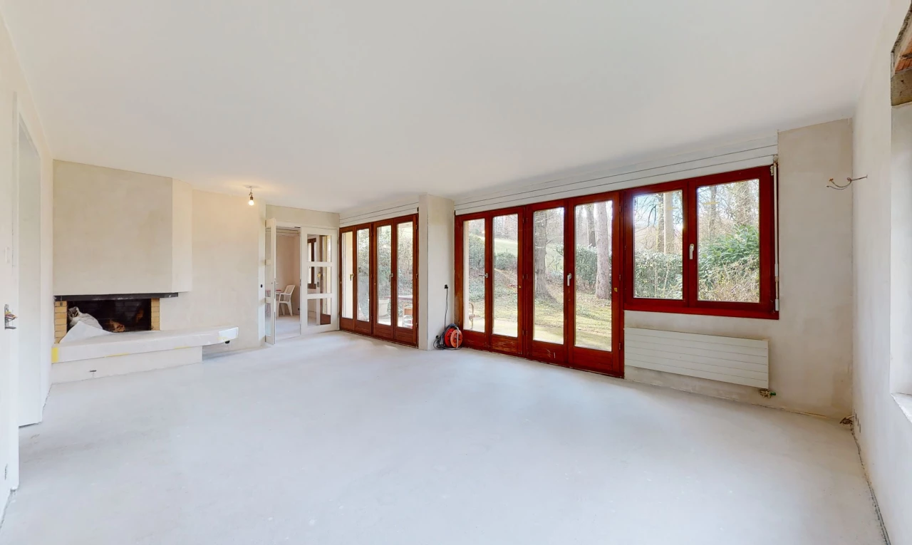 salon avec moquette, lumière naturelle, cheminée, et radiateur