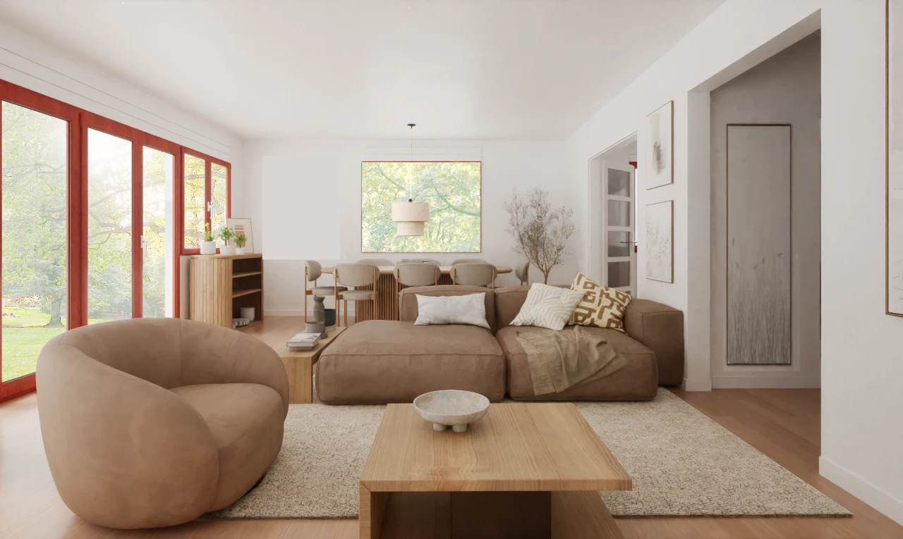 salon avec lumière naturelle et plancher de bois