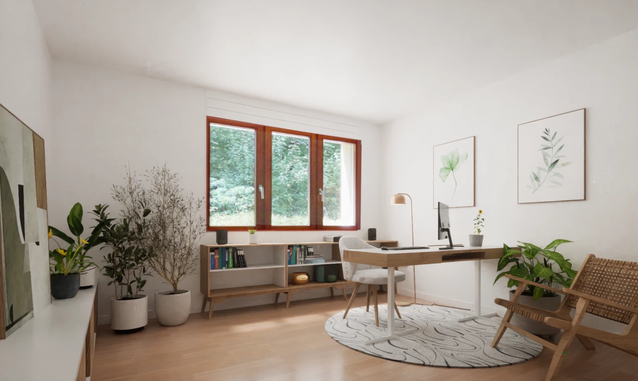 salon avec lumière naturelle et plancher de bois