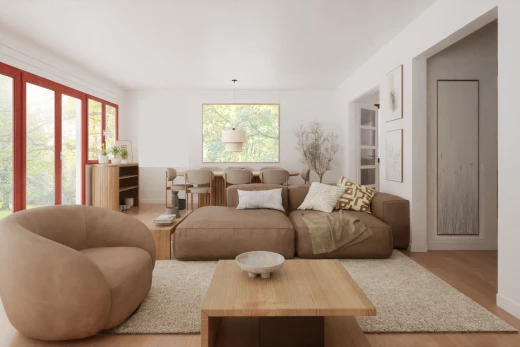 salon avec lumière naturelle et plancher de bois