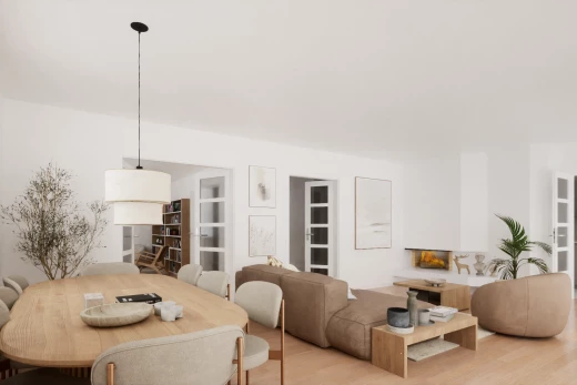 salon / salle à manger avec plancher de bois et étagère intégrée