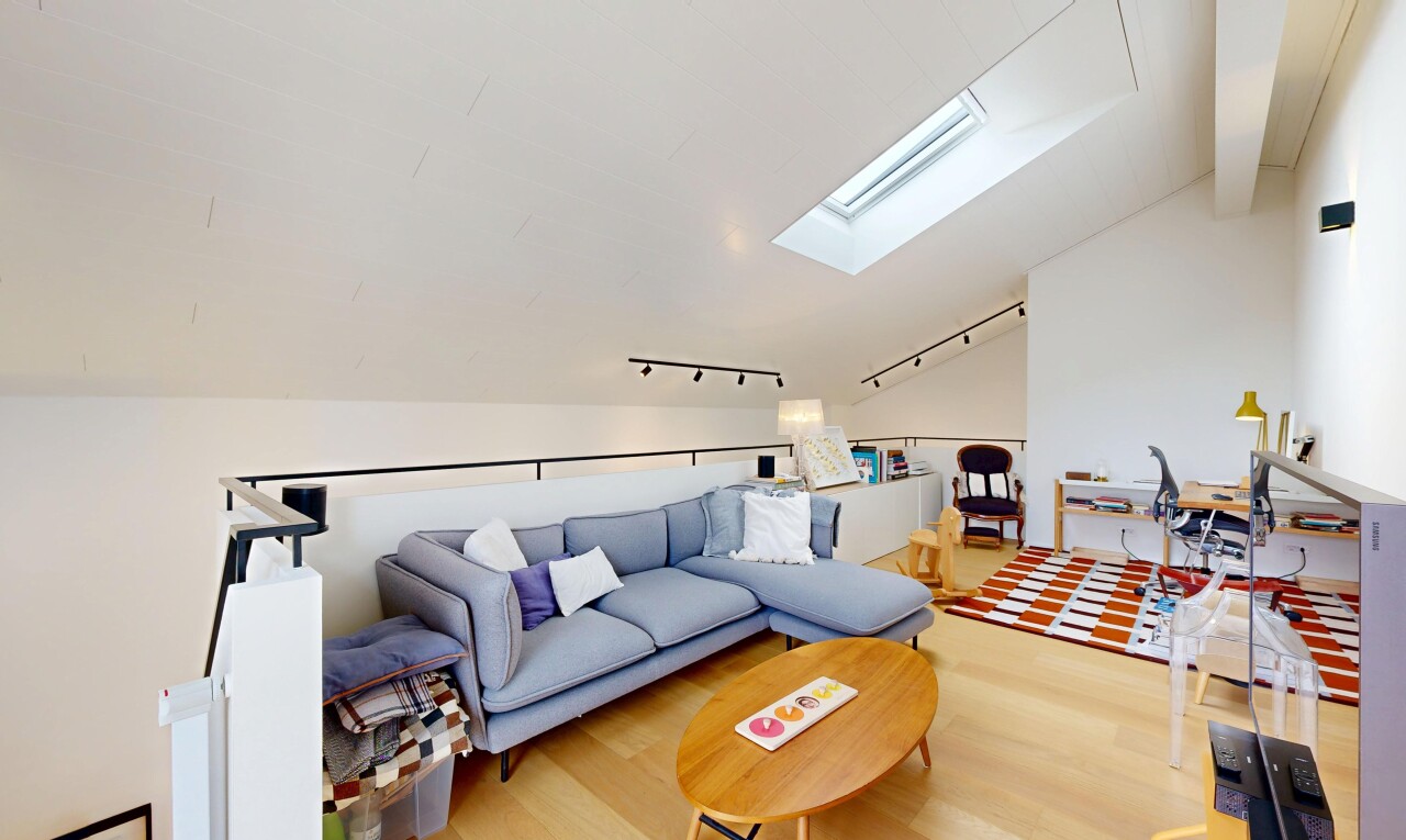salon avec vaulted ceiling, plafond voûté, éclairage sur rail, puits de lumière, et télévision