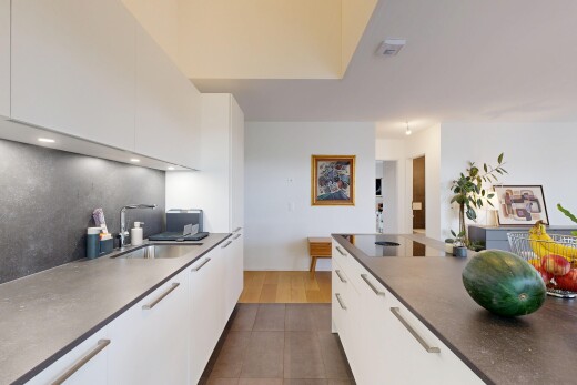 cuisine avec flat panel cabinets, armoires à panneau plat, évier, drywall, et cloison sèche