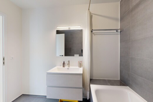 salle de bains avec salle de bain complète, lavabo (ou coiffeuse selon le contexte), miroir, drywall, et cloison sèche
