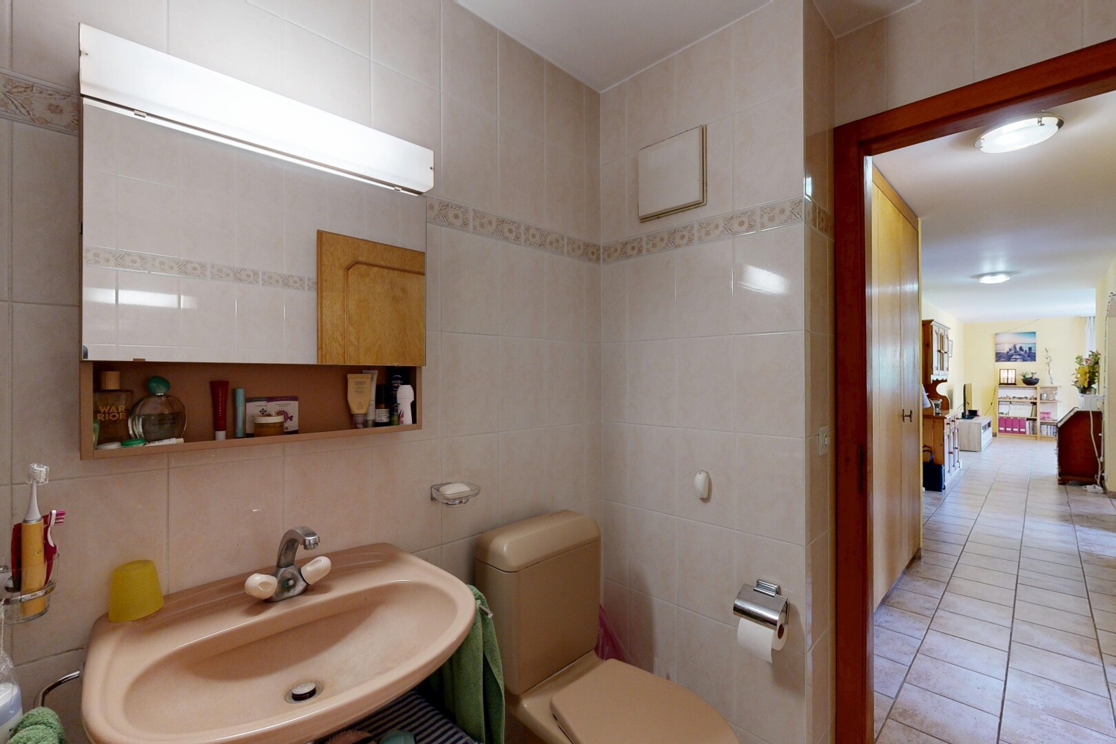 salle de bains avec évier, toilette, tile wall, mur en carrelage, et miroir