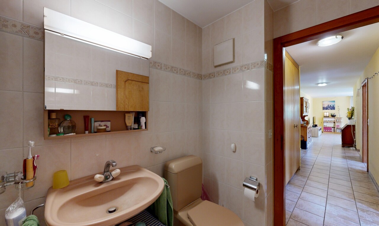 salle de bains avec évier, toilette, tile wall, mur en carrelage, et miroir