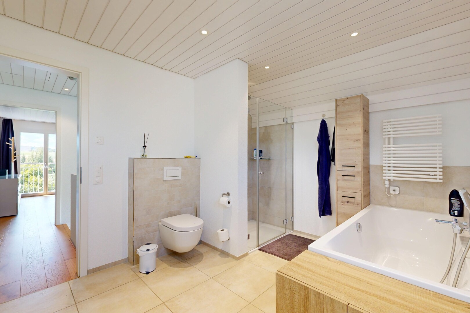 full bath featuring a bath, recessed lighting, a shower stall, wooden ceiling, and light tile patterned flooring