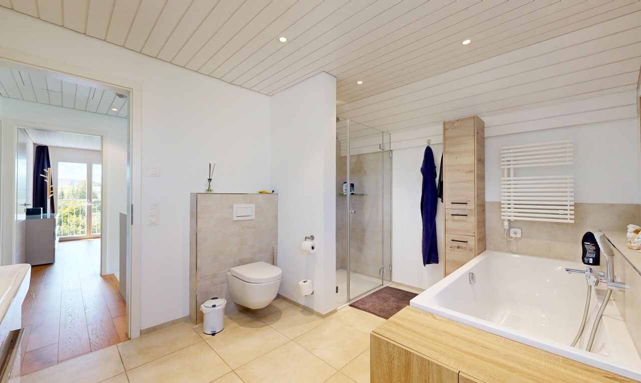 full bath featuring a bath, recessed lighting, a shower stall, wooden ceiling, and light tile patterned flooring