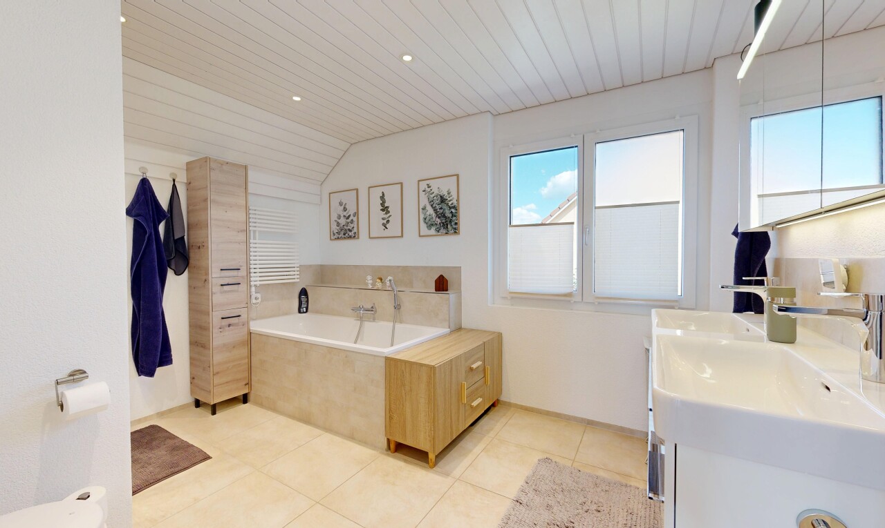 bathroom with a bath, recessed lighting, vanity, light tile patterned flooring, and a vaulted wood ceiling