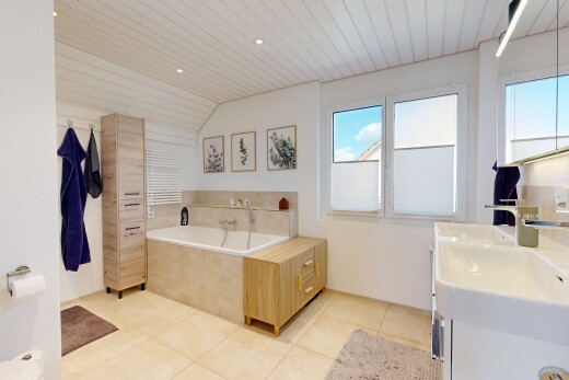 bathroom with a bath, recessed lighting, vanity, light tile patterned flooring, and a vaulted wood ceiling