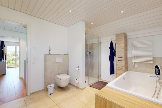 full bath featuring a bath, recessed lighting, a shower stall, wooden ceiling, and light tile patterned flooring
