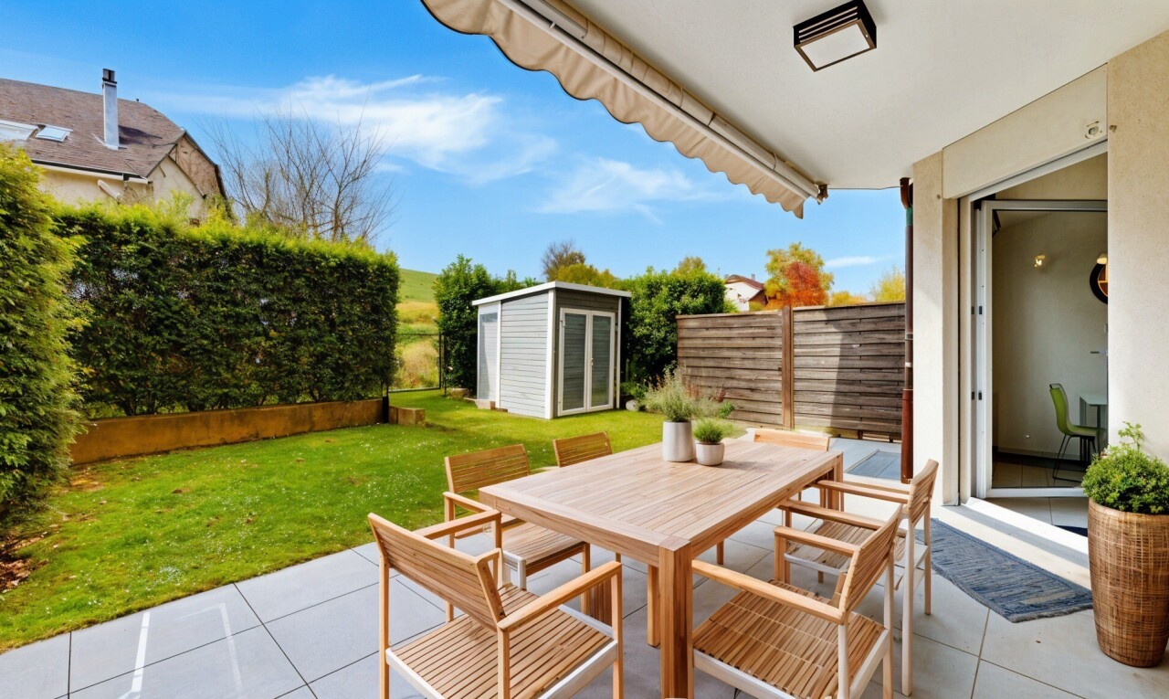 terrasse avec coin repas extérieur, pelouse, terrasse, structure extérieure, et from property