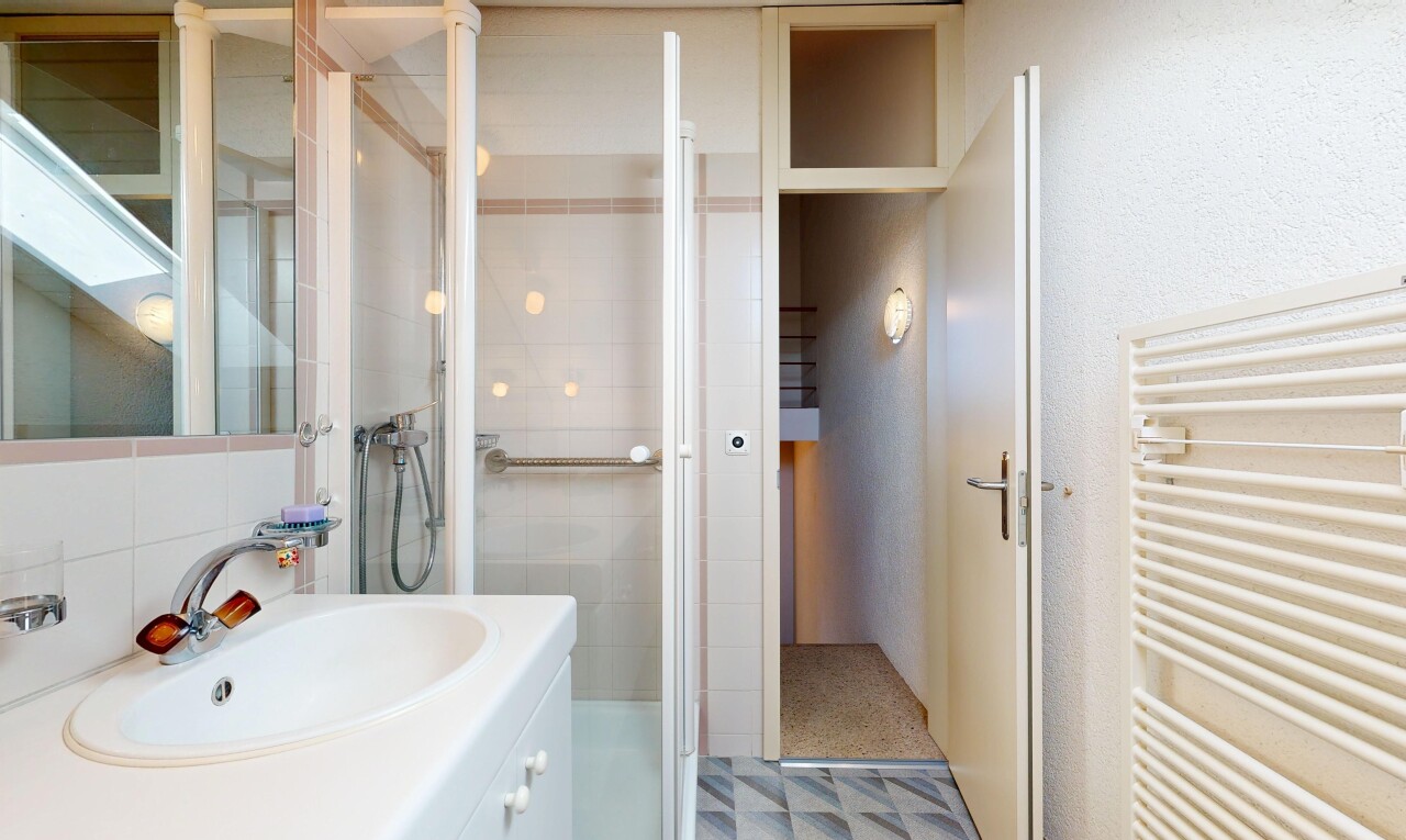 salle de bains avec radiateur, chauffe-serviettes, miroir, salle de bain complète, et douche