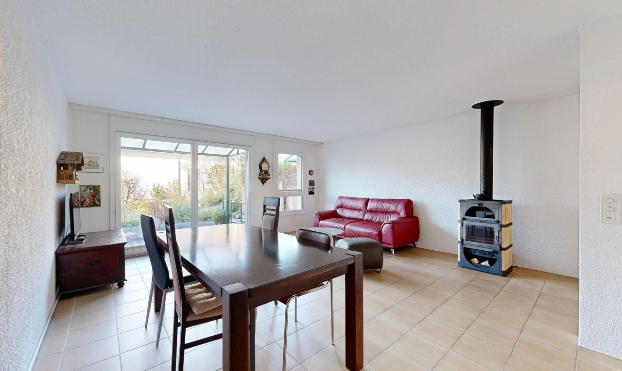 salon / salle à manger avec poêle à bois, inside property, lumière naturelle, natural light, et sol en carrelage