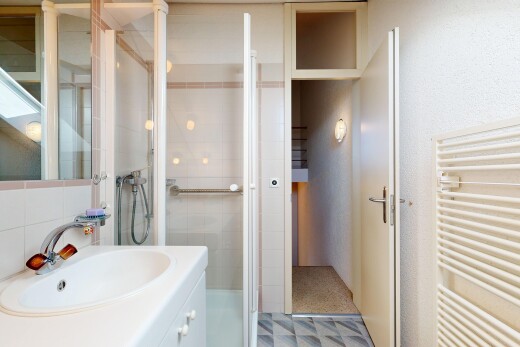 salle de bains avec radiateur, chauffe-serviettes, miroir, salle de bain complète, et douche