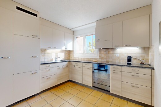 küche mit natural light, natürliches licht, ofen, tile floor, und fliesenboden