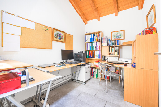 bureau avec espace bureau, plafond voûté, vaulted ceiling, cloison sèche, et drywall