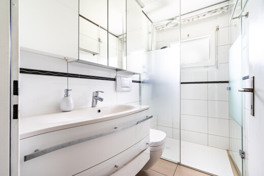 salle de bains avec lavabo (ou coiffeuse selon le contexte), douche, miroir, salle de bain complète, et inside property