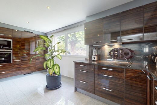 küche mit schränke mit flachen paneelen, natürliches licht, natural light, dunkelbraune schränke, und gipskartonwand