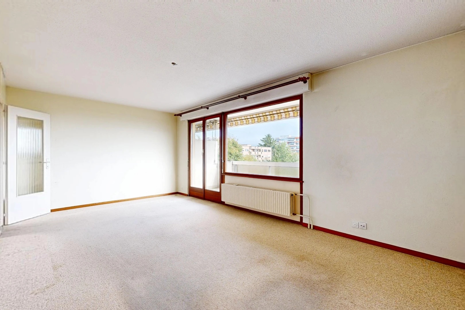 empty room with radiator, access to outside, and light colored carpet