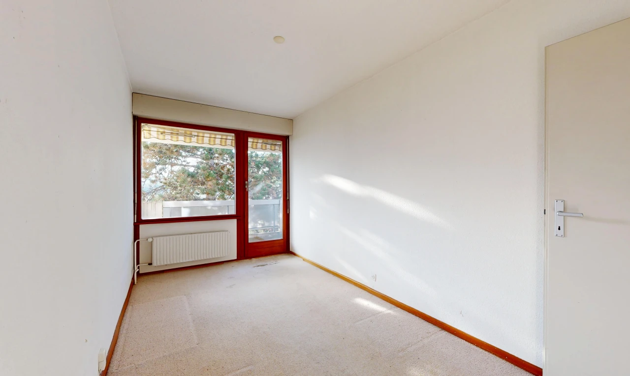 empty room featuring light carpet, radiator, and access to outside