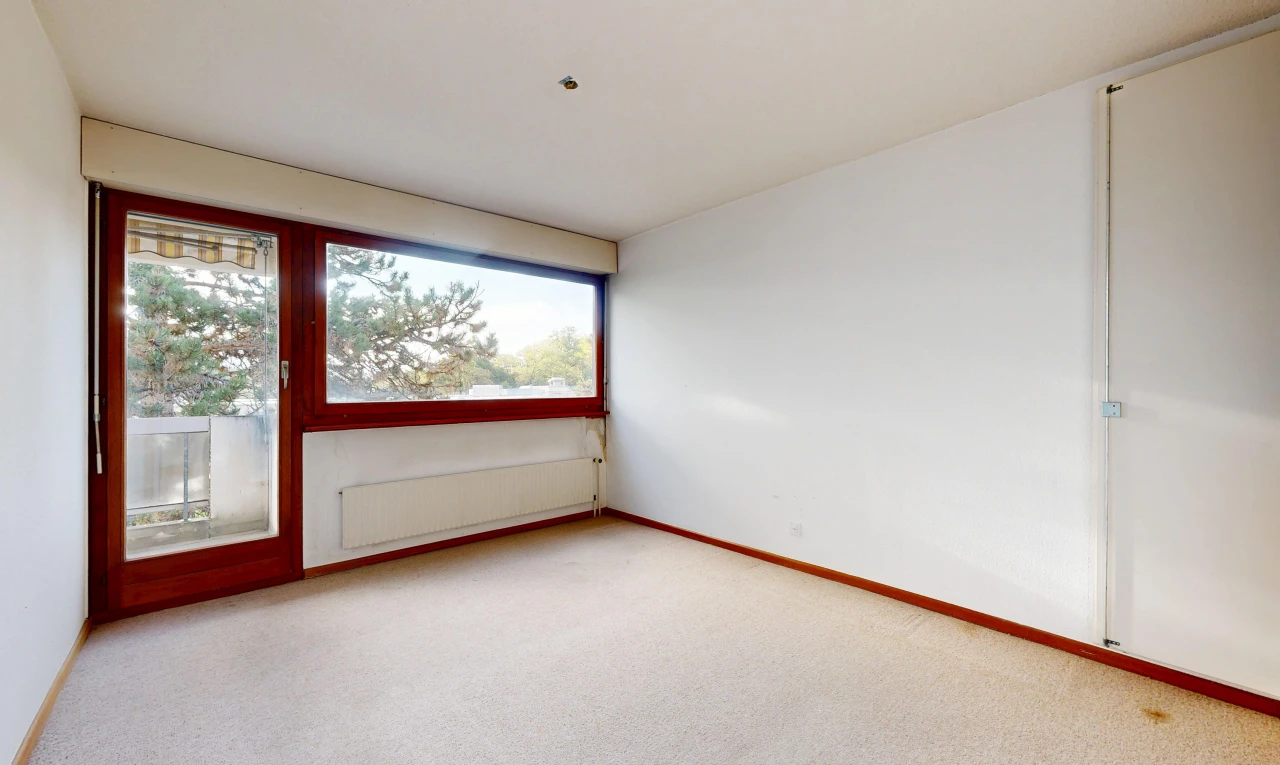 unfurnished room featuring access to exterior, light colored carpet, and radiator