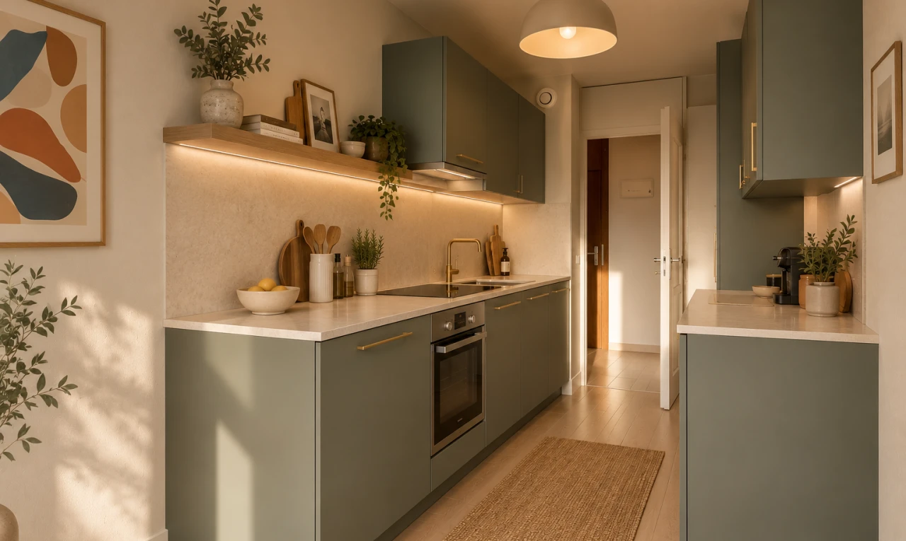 kitchen featuring white appliances, light countertops, white cabinetry, and backsplash