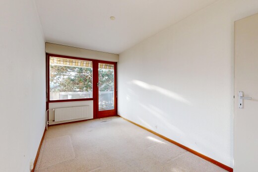 empty room featuring light carpet, radiator, and access to outside