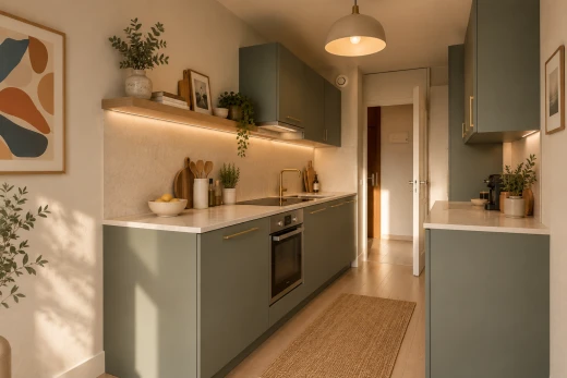 kitchen featuring white appliances, light countertops, white cabinetry, and backsplash