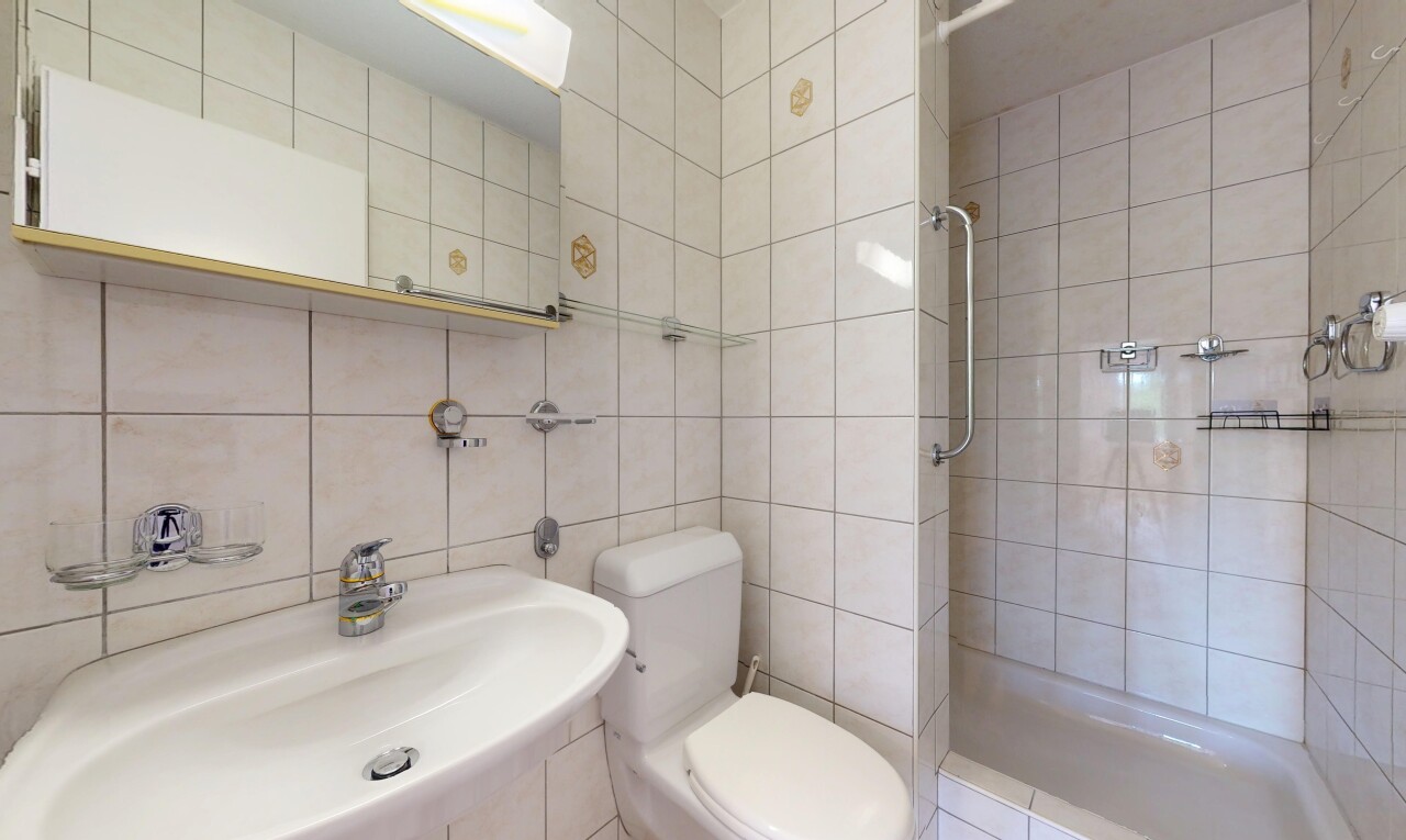 salle de bains avec douche, évier, inside property, toilette, et salle de bain complète