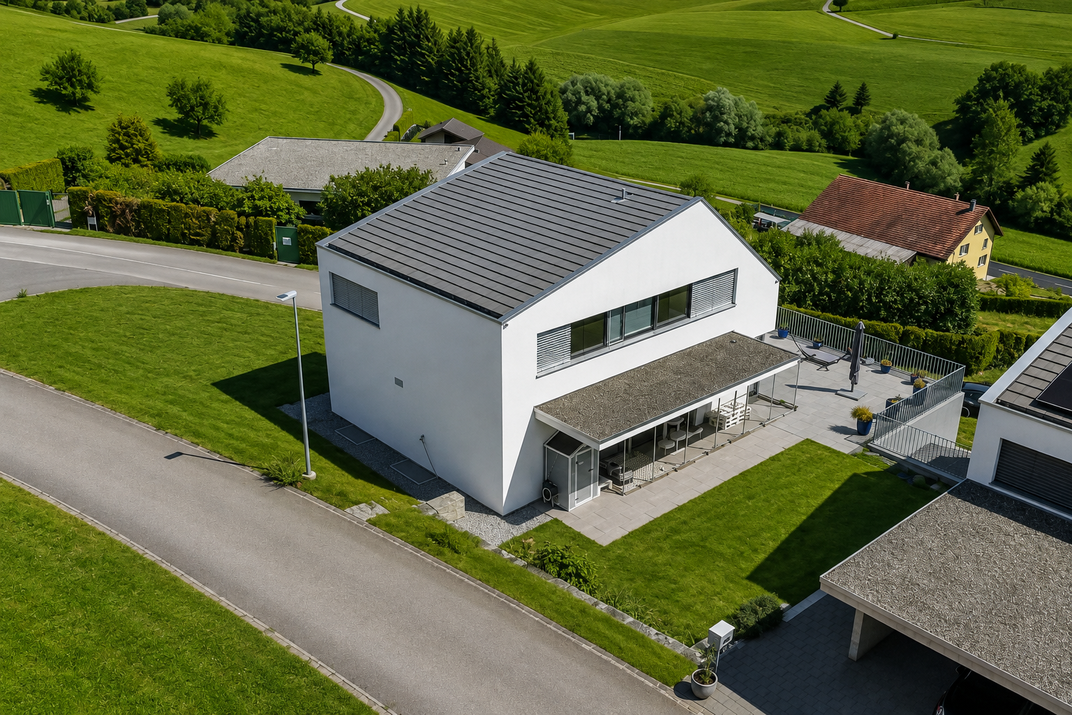 außenansicht mit property visible, drone view, rasen, rural view, und ländliche aussicht