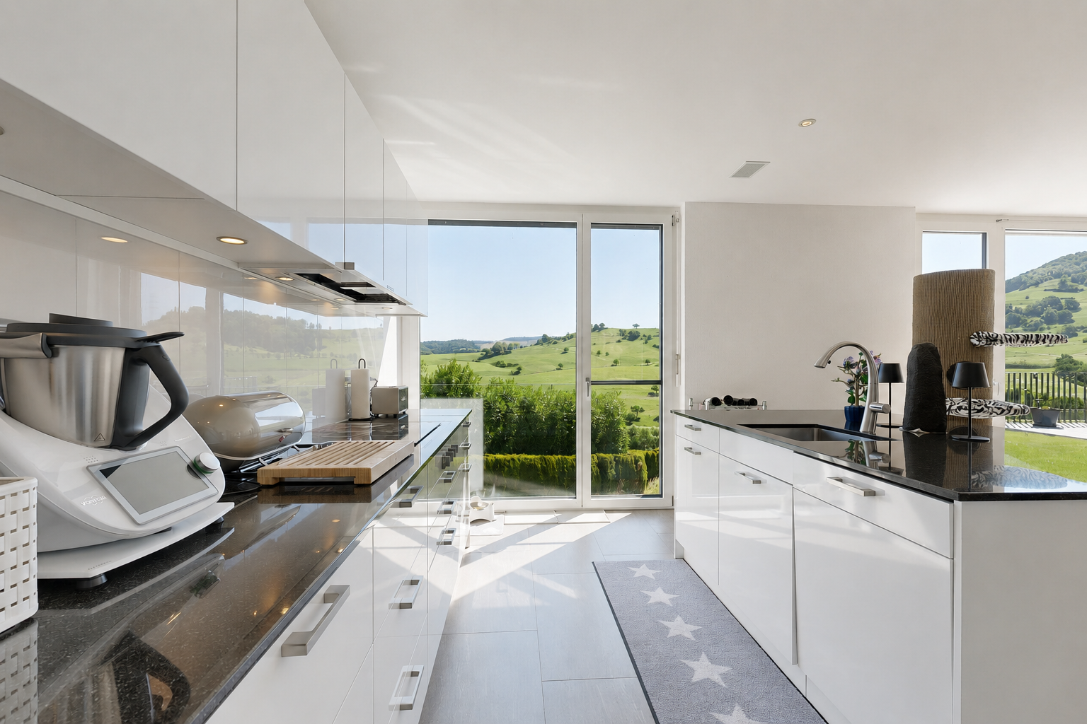 küche mit flat panel cabinets, schränke mit flachen paneelen, white cabinets, weiße schränke, und dark countertops