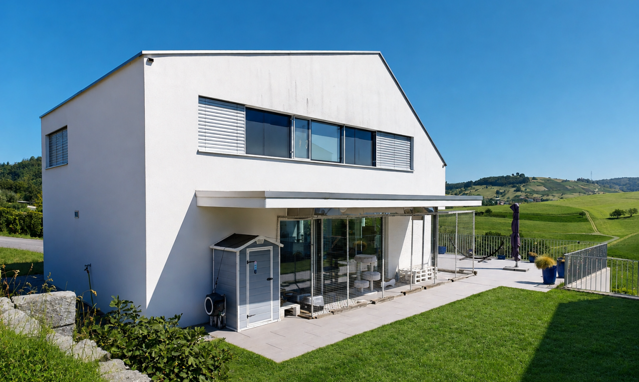 außenansicht mit rasen, zaun, stuckverkleidung, terrasse, und property visible