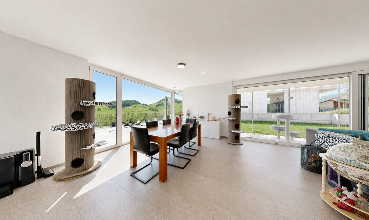 esszimmer mit floor ceiling windows, inside property, drywall, gipskartonwand, und day time