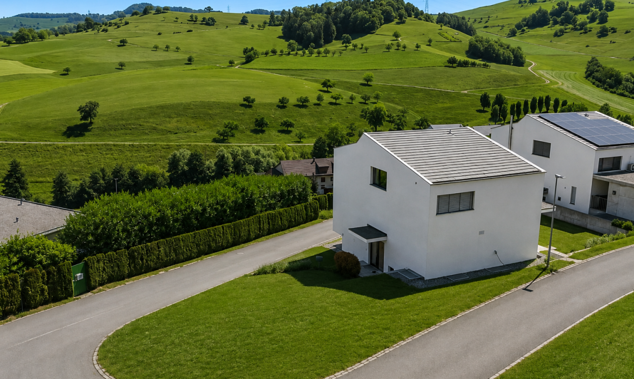 außenansicht mit ländliche aussicht, rural view, rasen, day time, und power lines view