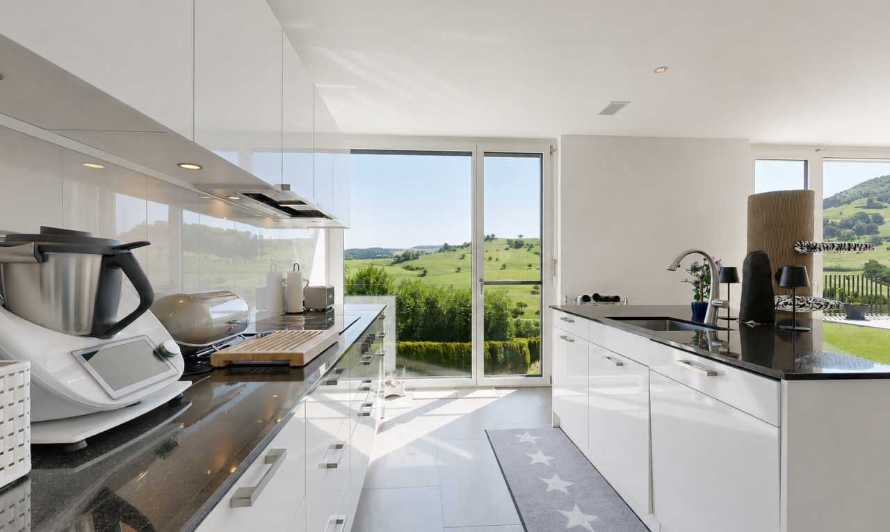 küche mit flat panel cabinets, schränke mit flachen paneelen, white cabinets, weiße schränke, und dark countertops