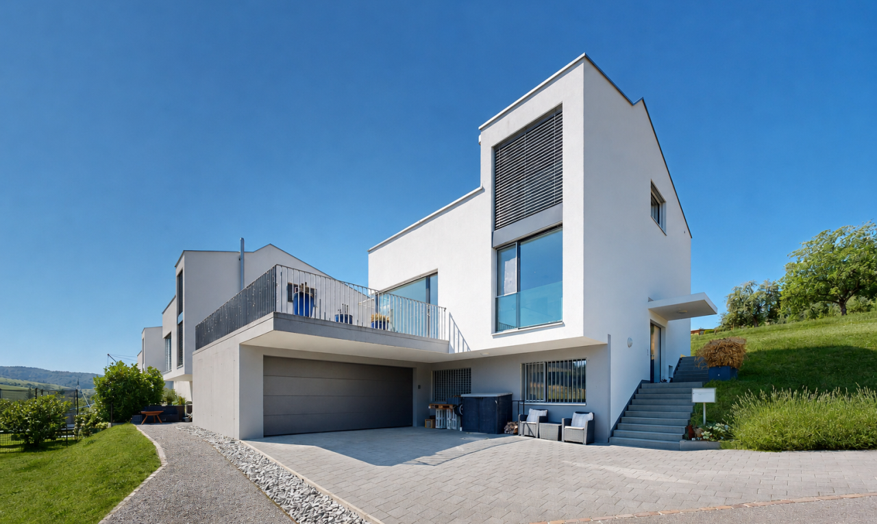 außenansicht mit stuckverkleidung, property visible, auffahrt, day time, und rasen